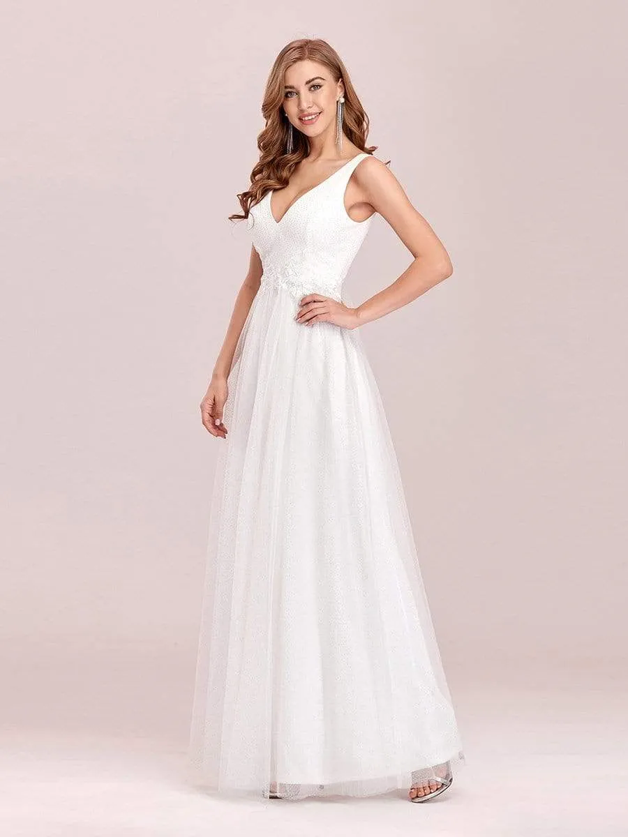 Elegant Deep Double V Neck Tulle Evening Dress with Appliques