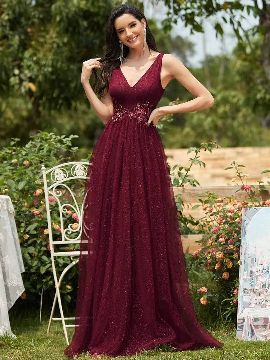 Elegant Deep Double V Neck Tulle Evening Dress with Appliques