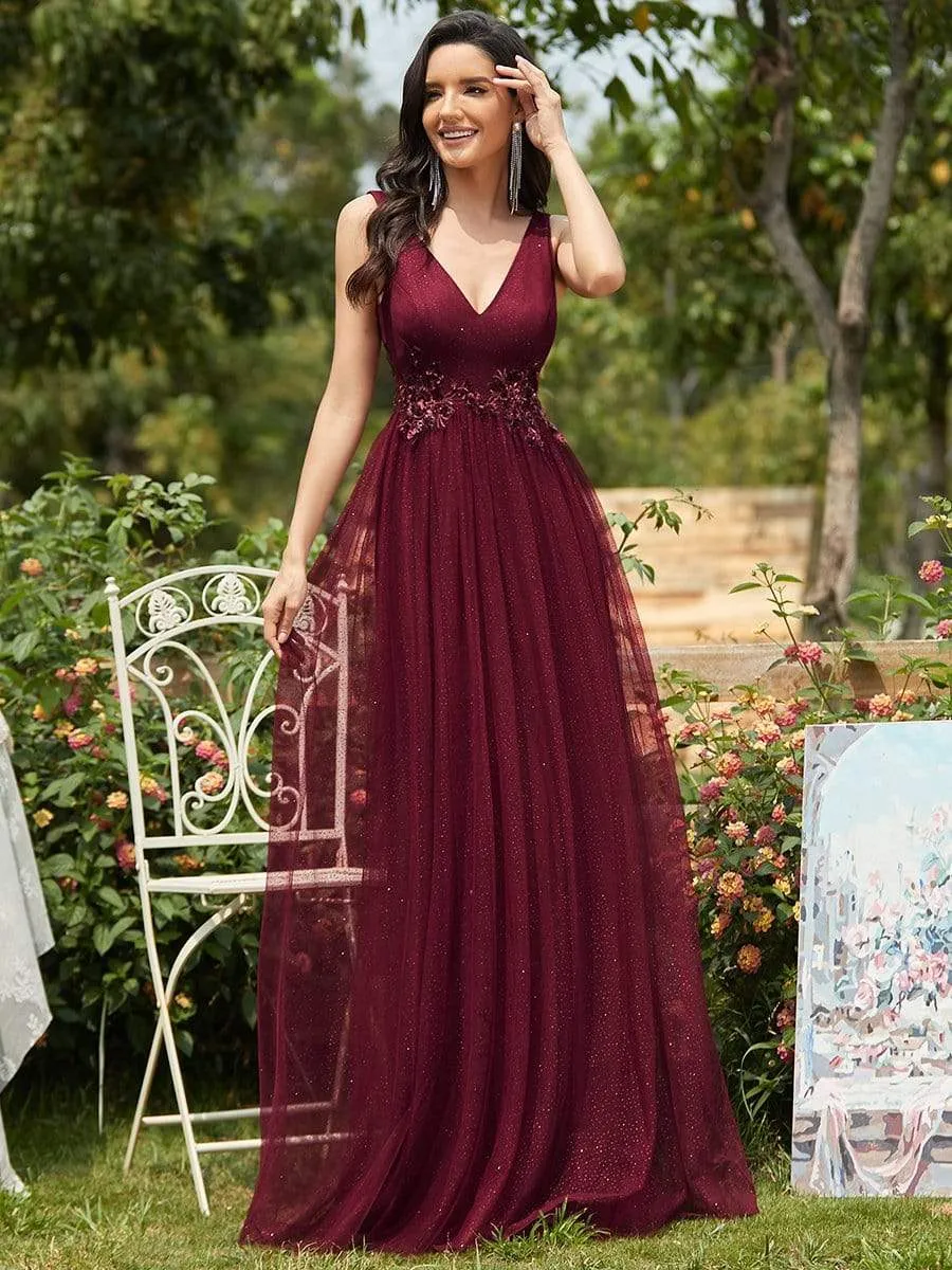 Elegant Deep Double V Neck Tulle Evening Dress with Appliques