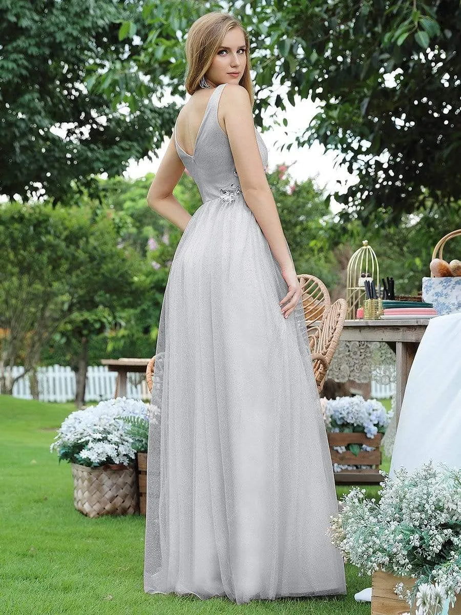 Elegant Deep Double V Neck Tulle Evening Dress with Appliques