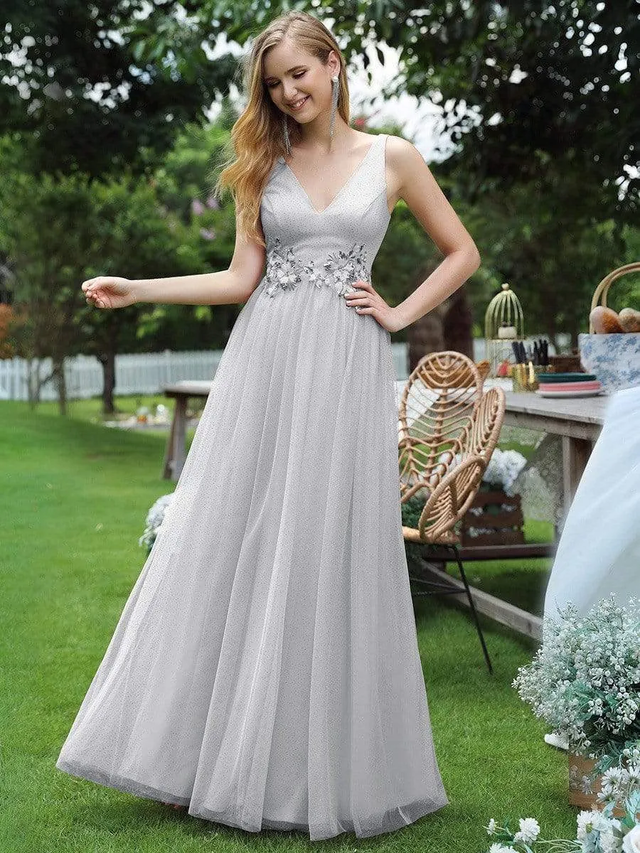 Elegant Deep Double V Neck Tulle Evening Dress with Appliques