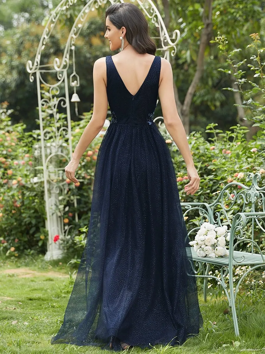 Elegant Deep Double V Neck Tulle Evening Dress with Appliques