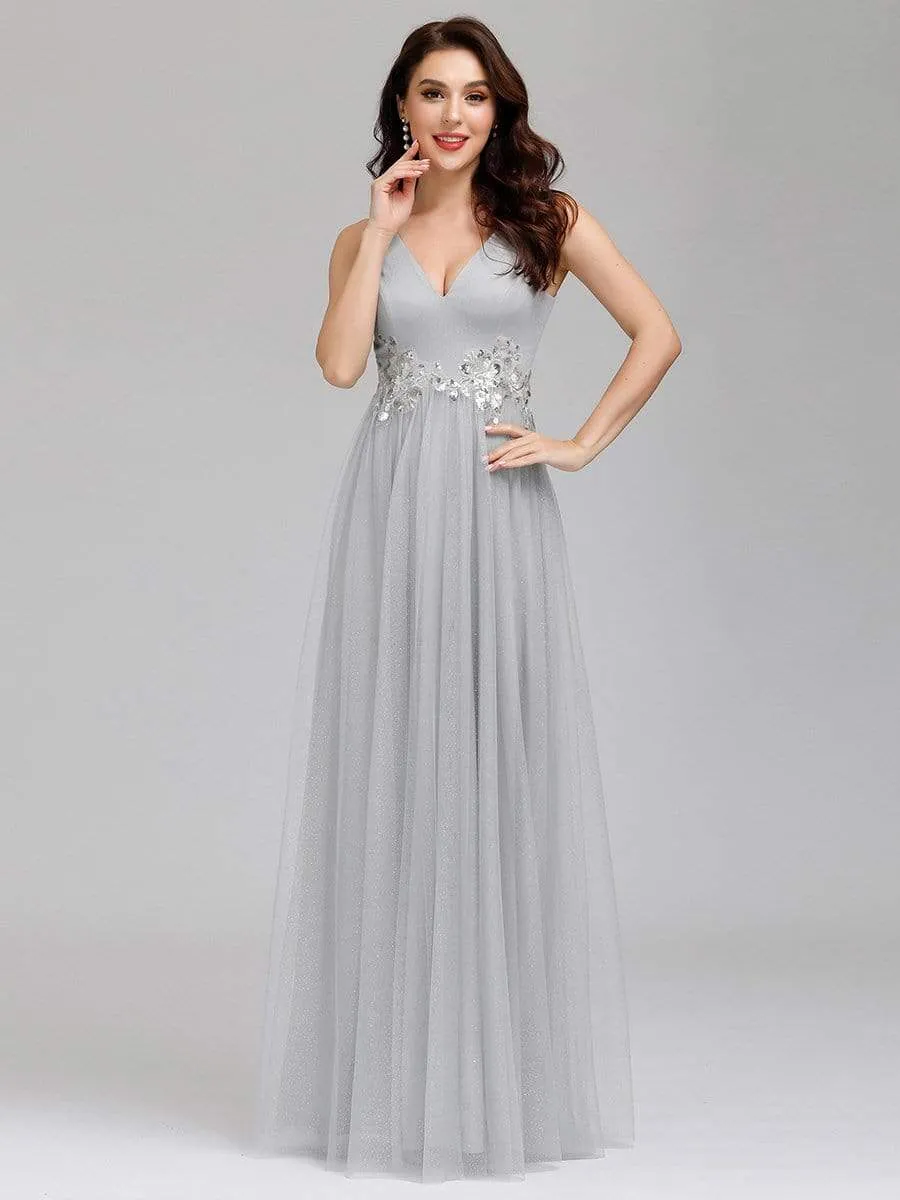 Elegant Deep Double V Neck Tulle Evening Dress with Appliques