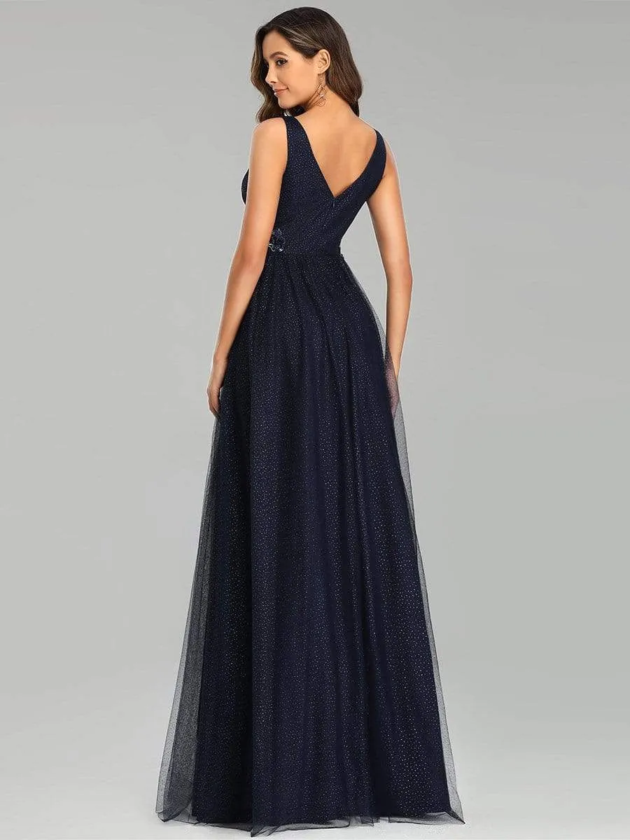 Elegant Deep Double V Neck Tulle Evening Dress with Appliques