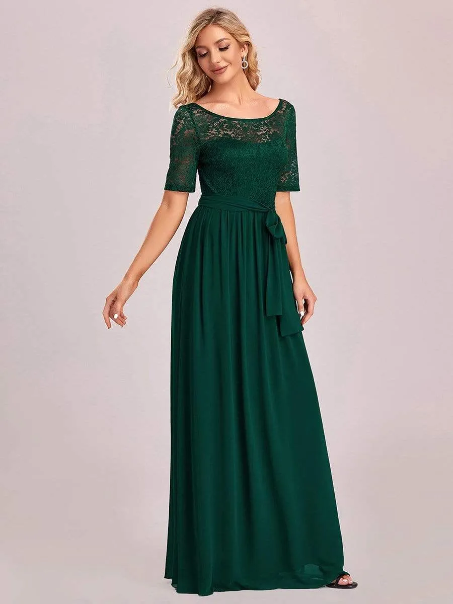 Elegant Lace Bodice Chiffon Maxi Evening Dress with Belt