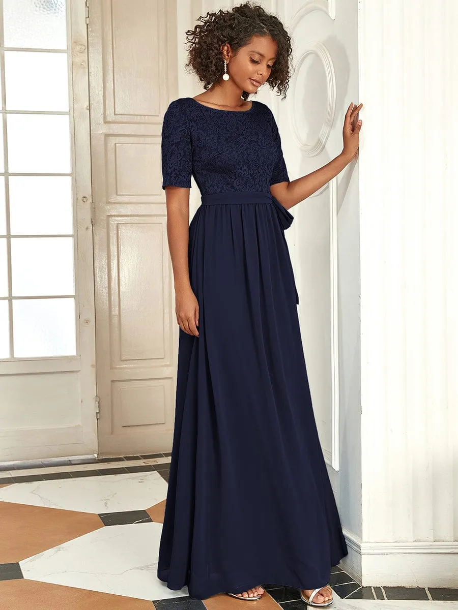 Elegant Lace Bodice Chiffon Maxi Evening Dress with Belt