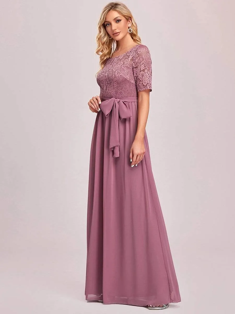 Elegant Lace Bodice Chiffon Maxi Evening Dress with Belt