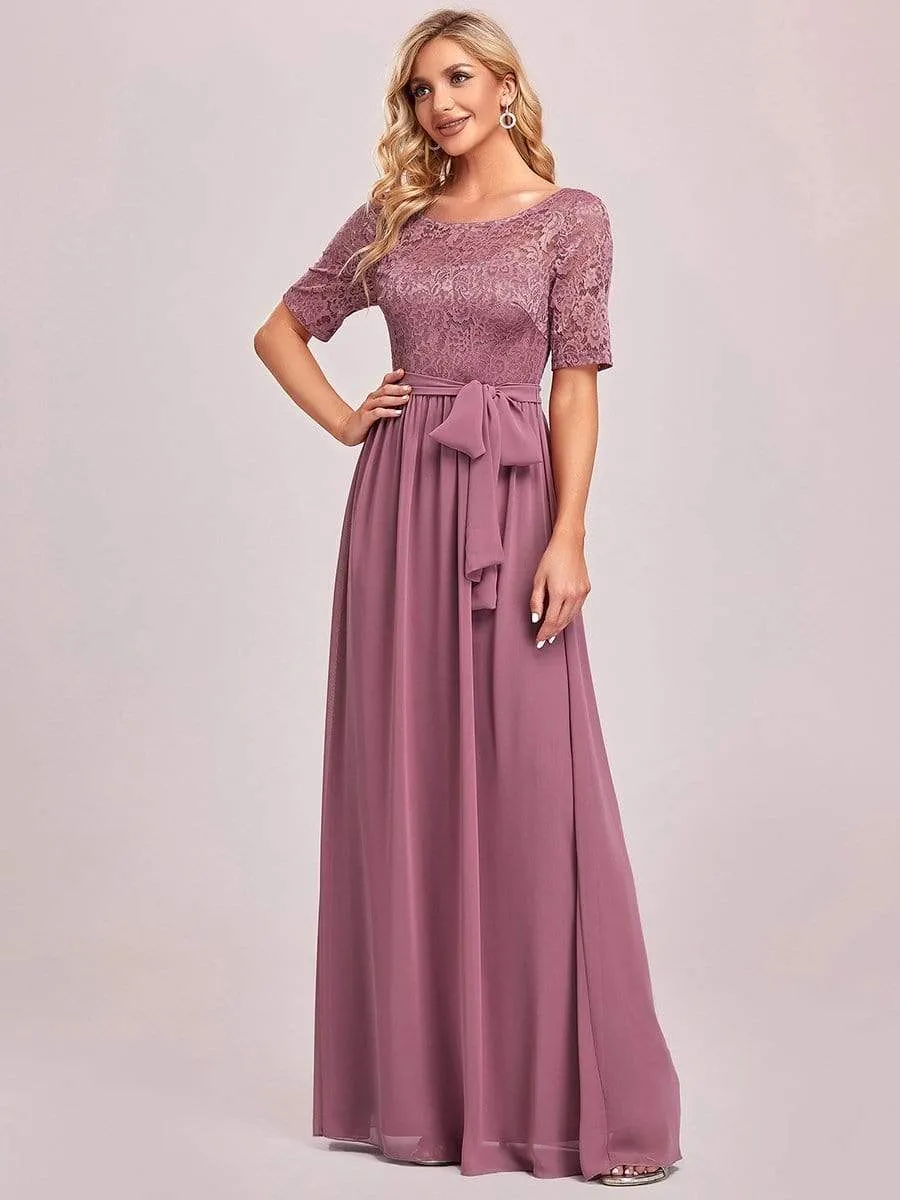 Elegant Lace Bodice Chiffon Maxi Evening Dress with Belt