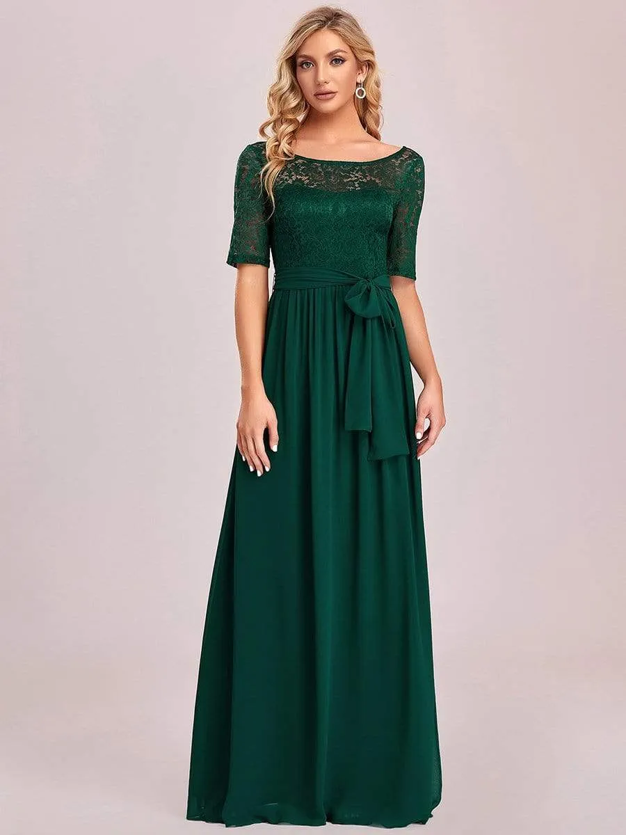 Elegant Lace Bodice Chiffon Maxi Evening Dress with Belt