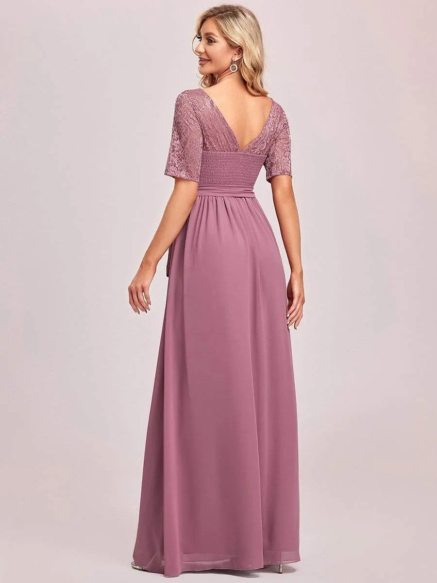 Elegant Lace Bodice Chiffon Maxi Evening Dress with Belt