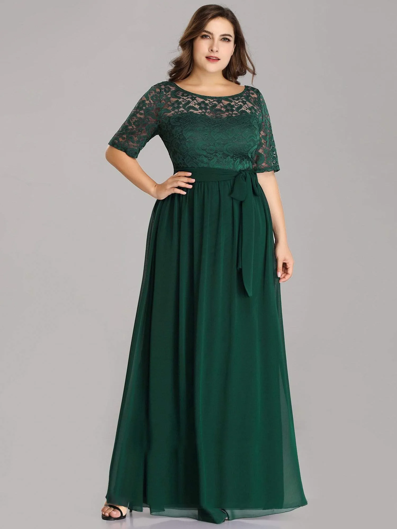 Elegant Lace Bodice Chiffon Maxi Evening Dress with Belt