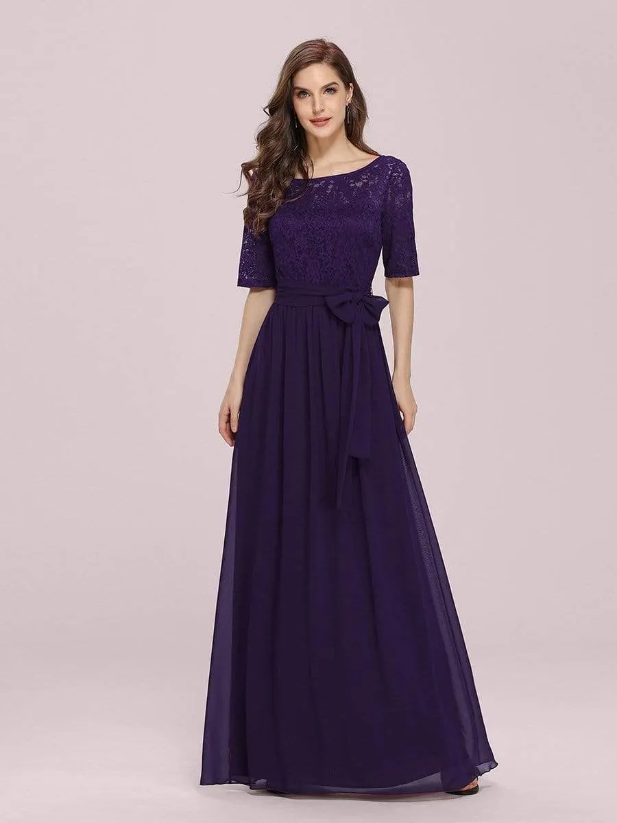 Elegant Lace Bodice Chiffon Maxi Evening Dress with Belt