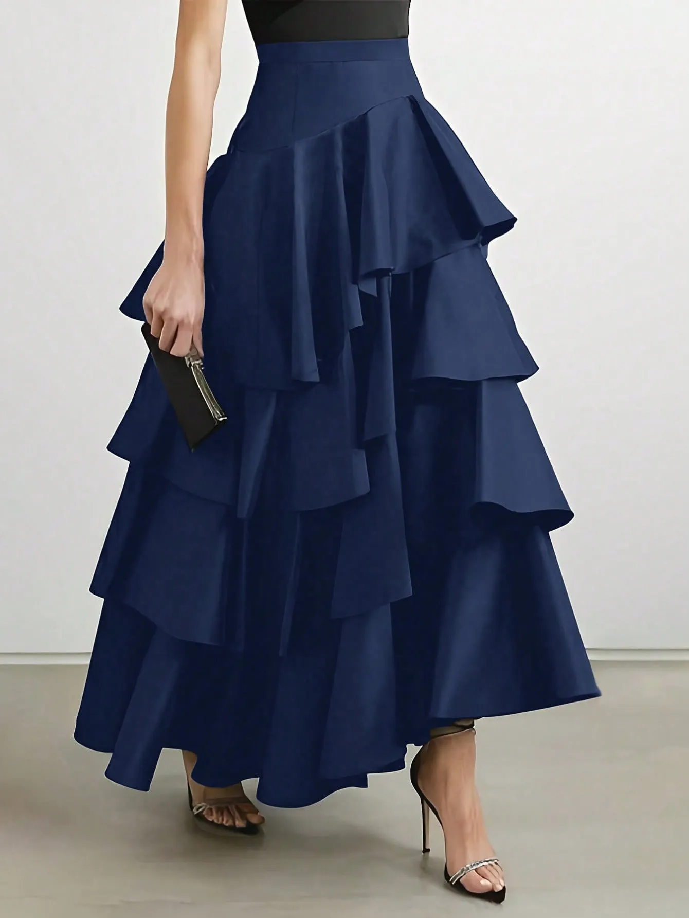 Elegant Layer Ruffle Hem Maxi Skirt