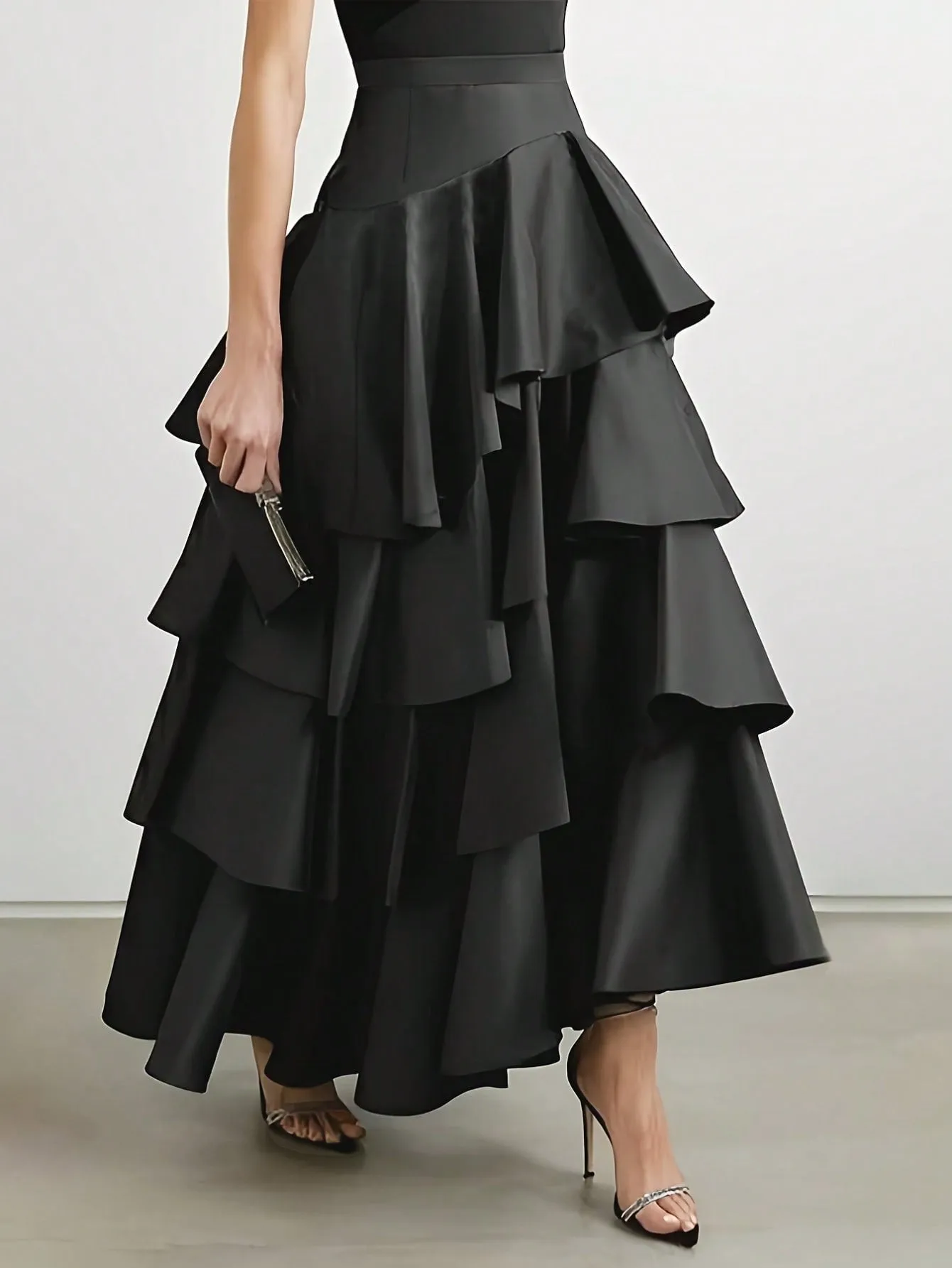 Elegant Layer Ruffle Hem Maxi Skirt