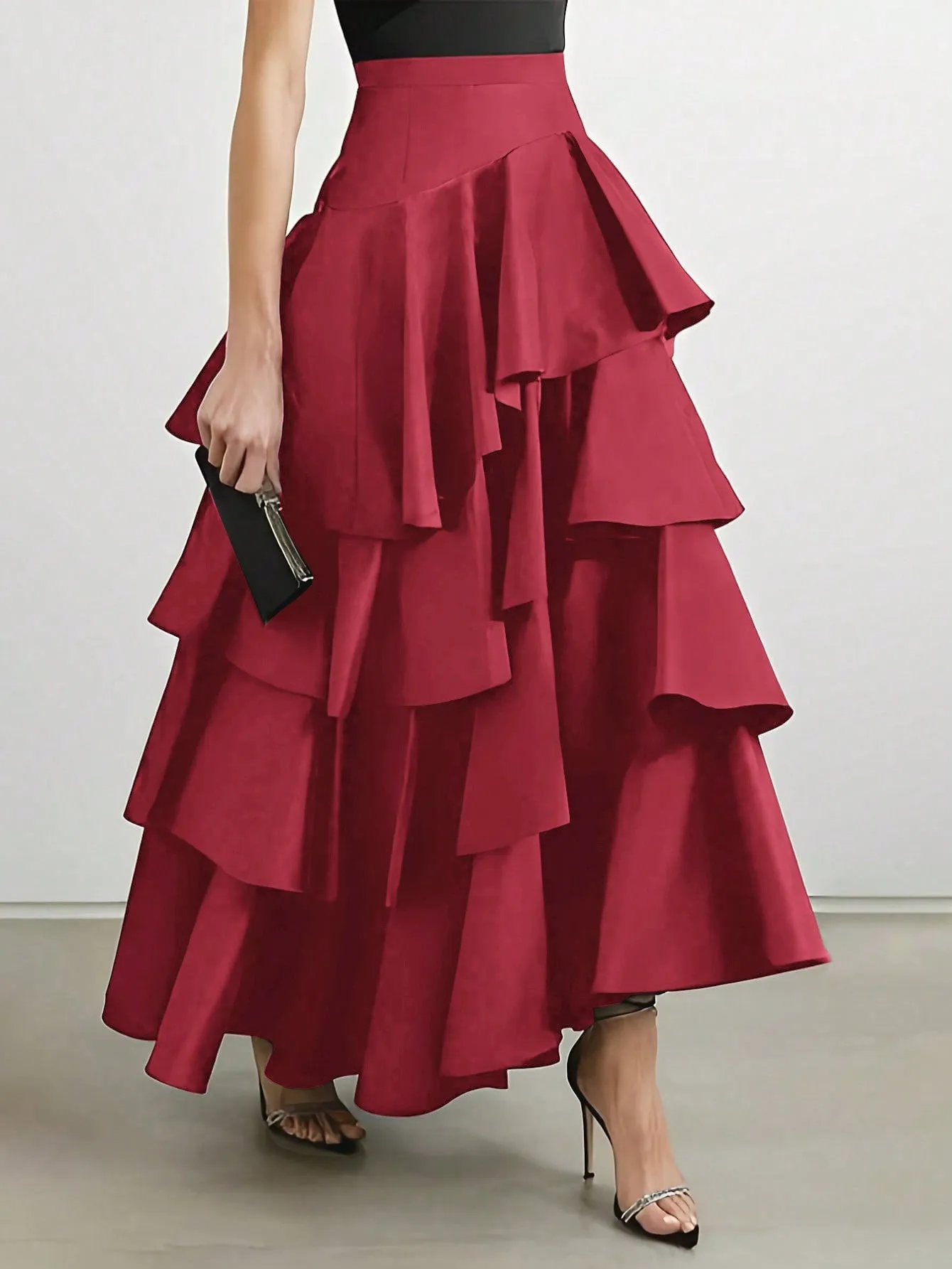 Elegant Layer Ruffle Hem Maxi Skirt