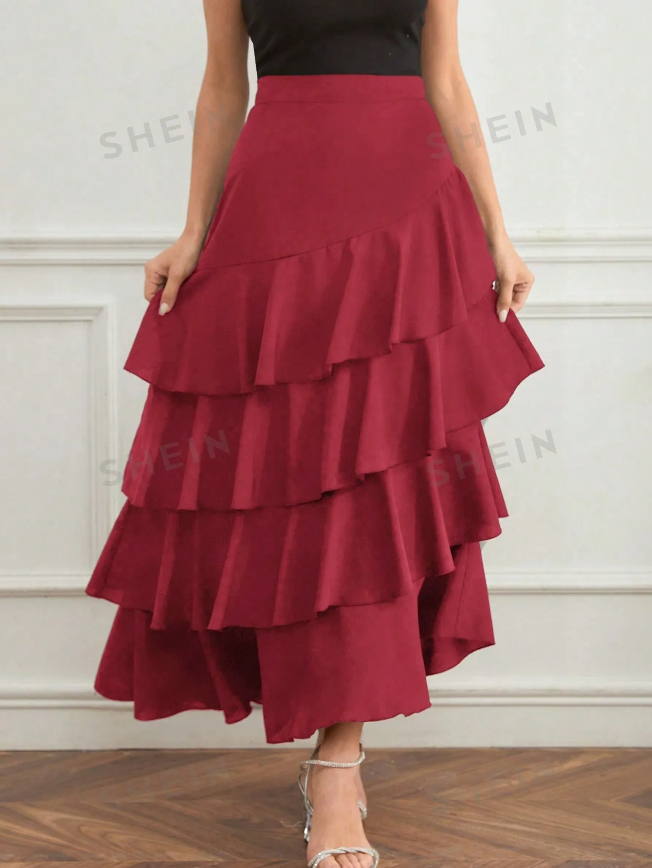 Elegant Layer Ruffle Hem Maxi Skirt