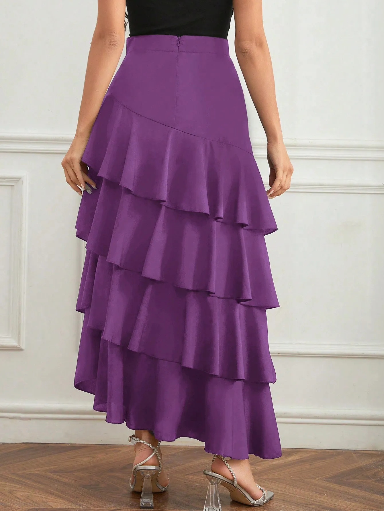 Elegant Layer Ruffle Hem Maxi Skirt