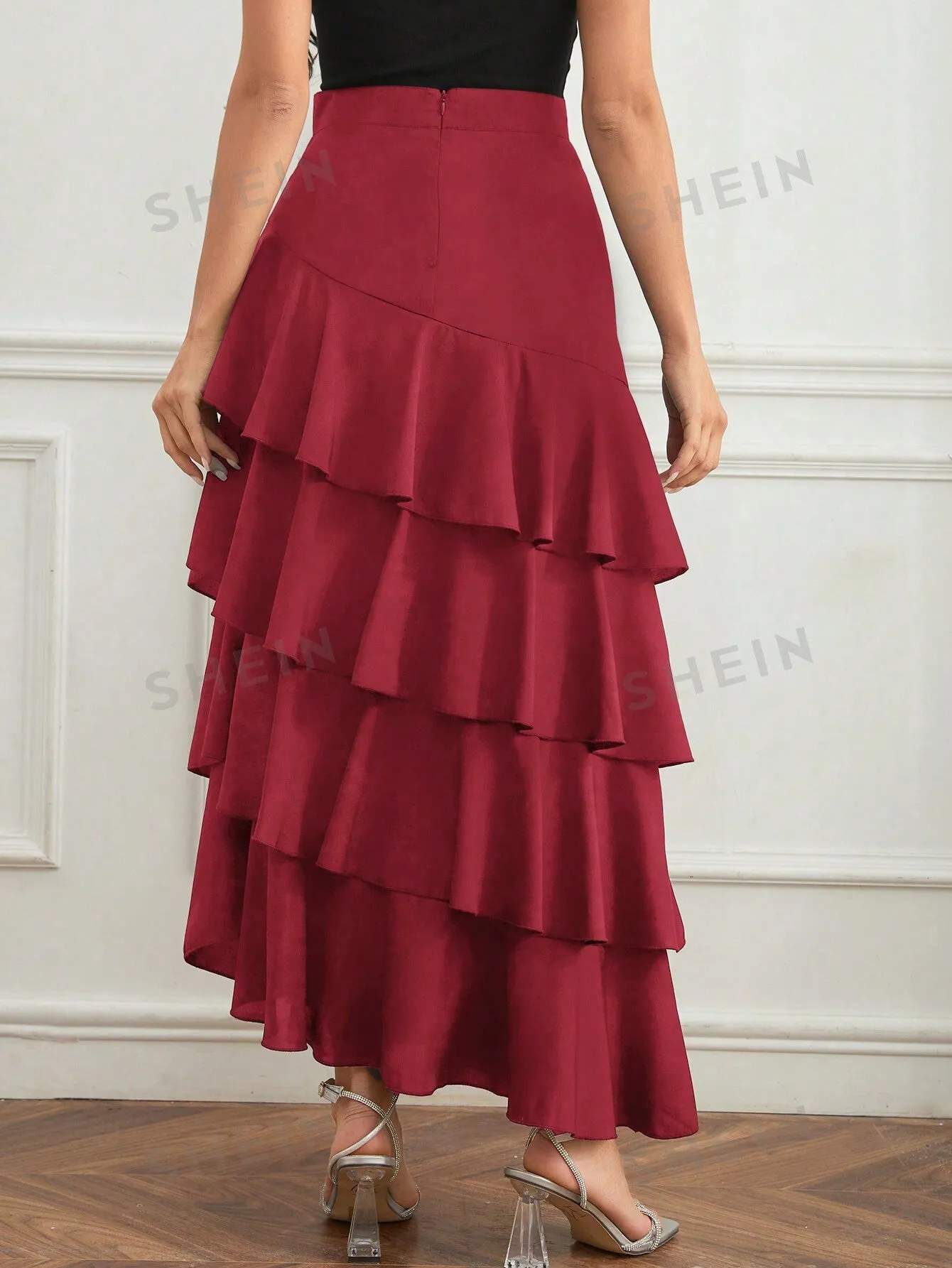 Elegant Layer Ruffle Hem Maxi Skirt