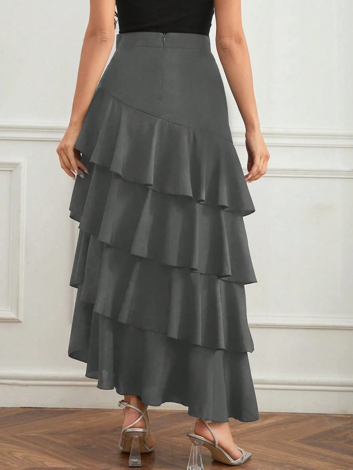 Elegant Layer Ruffle Hem Maxi Skirt