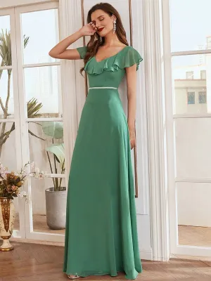 Elegant Maxi Long Flowy Chiffon Bridesmaid Dress with Sleeves