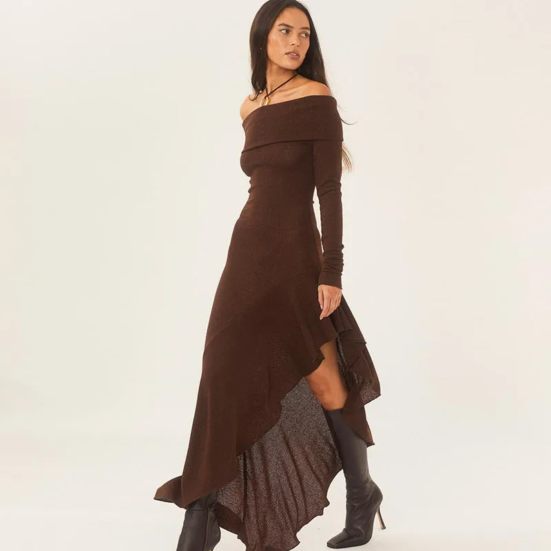 Elegant off Shoulder Long Sleeve Ruffled Maxi Dress