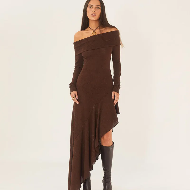 Elegant off Shoulder Long Sleeve Ruffled Maxi Dress