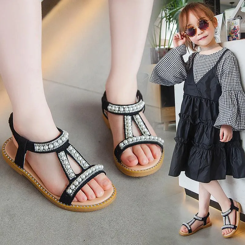 Elegant Pearl-Embellished Sandals for Girls Perfect Summer Sandals for Little Princesses