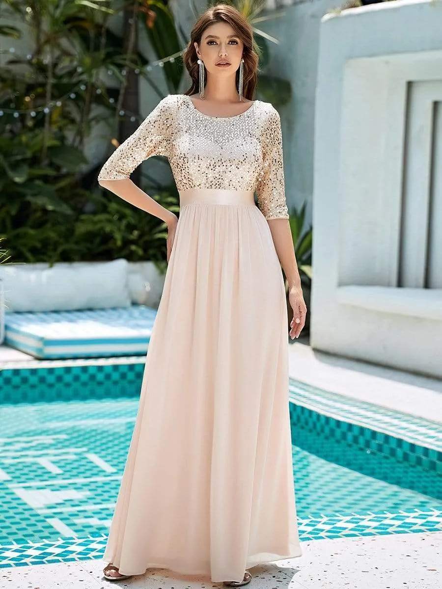 Elegant Round Neckline Long Sleeves Sequin Evening Dress