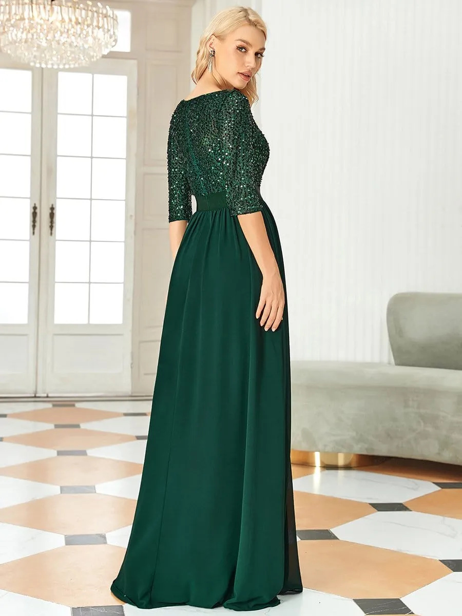 Elegant Round Neckline Long Sleeves Sequin Evening Dress