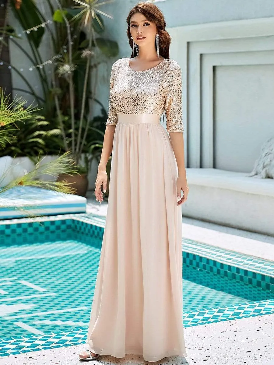 Elegant Round Neckline Long Sleeves Sequin Evening Dress