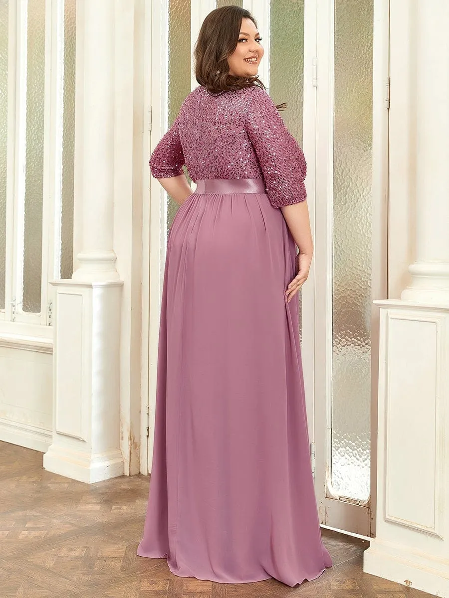 Elegant Round Neckline Long Sleeves Sequin Evening Dress