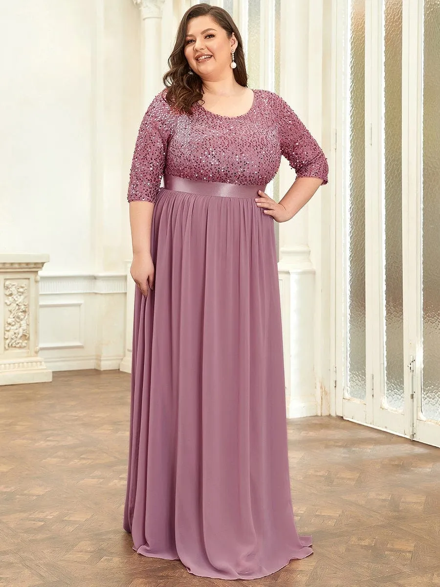 Elegant Round Neckline Long Sleeves Sequin Evening Dress