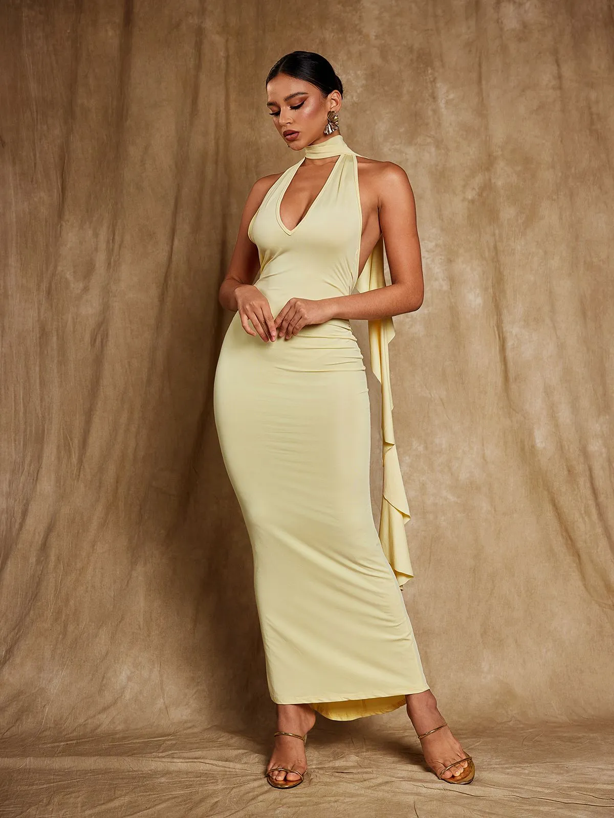 Elisheva Backless Flower Draped Maxi Dress