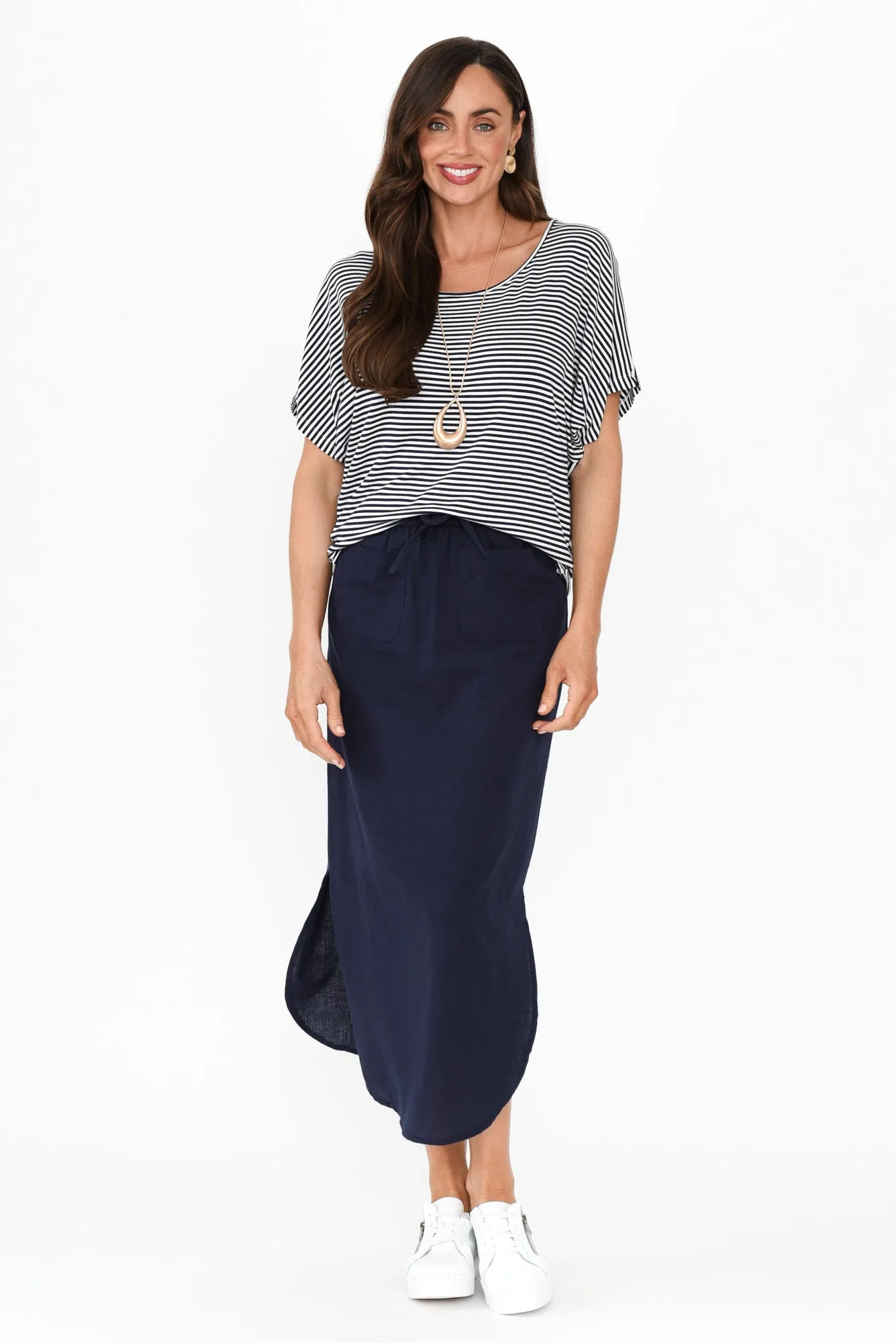 Ember Navy Cotton Blend Drawstring Skirt