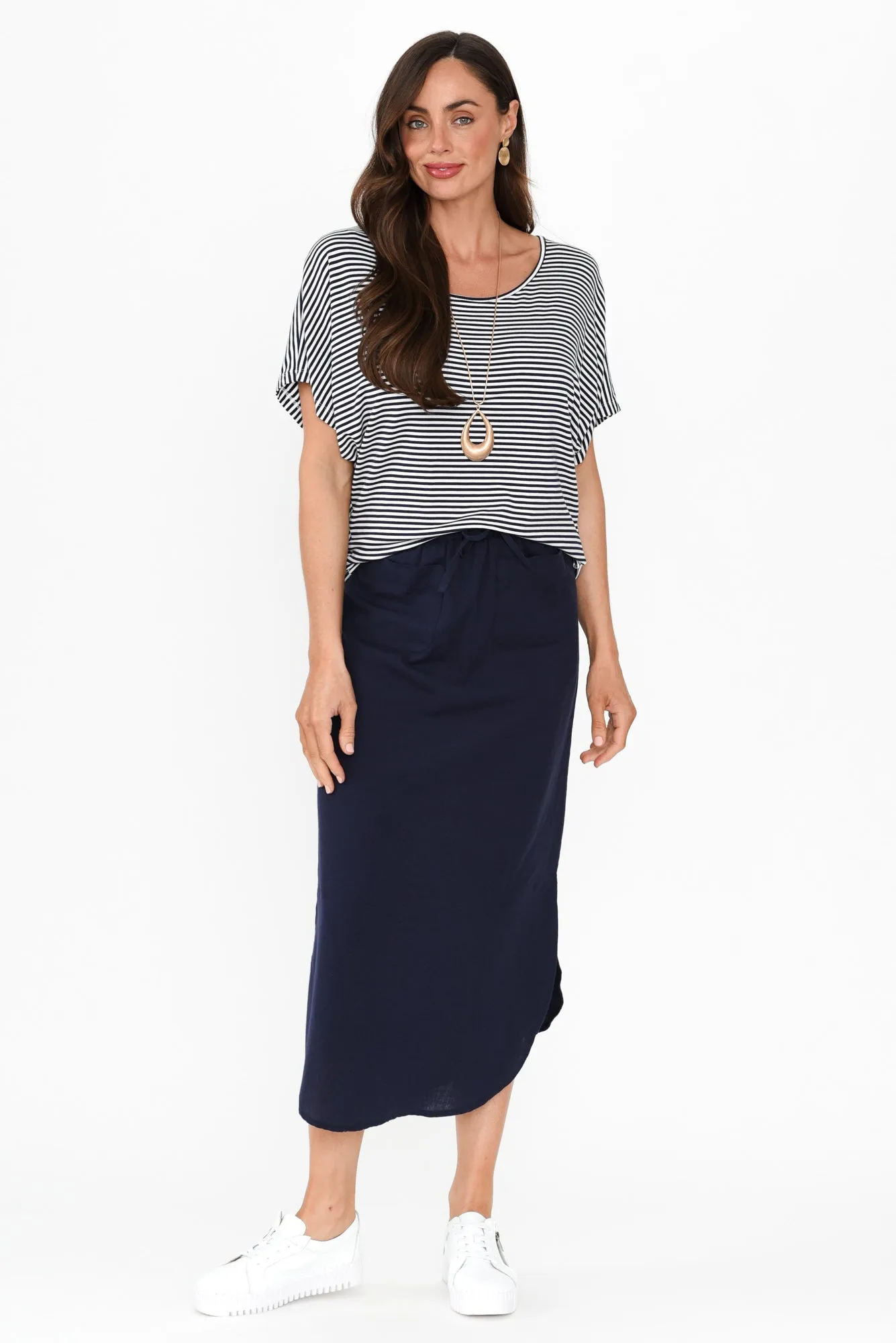 Ember Navy Cotton Blend Drawstring Skirt