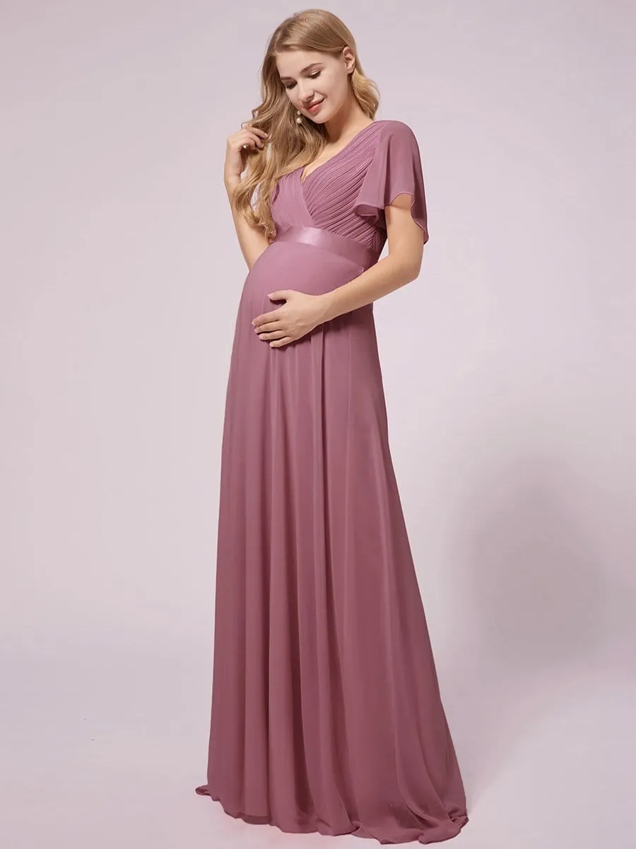 Empire Bodice Pleated Maxi Bump Friendly Dress with Sleeves