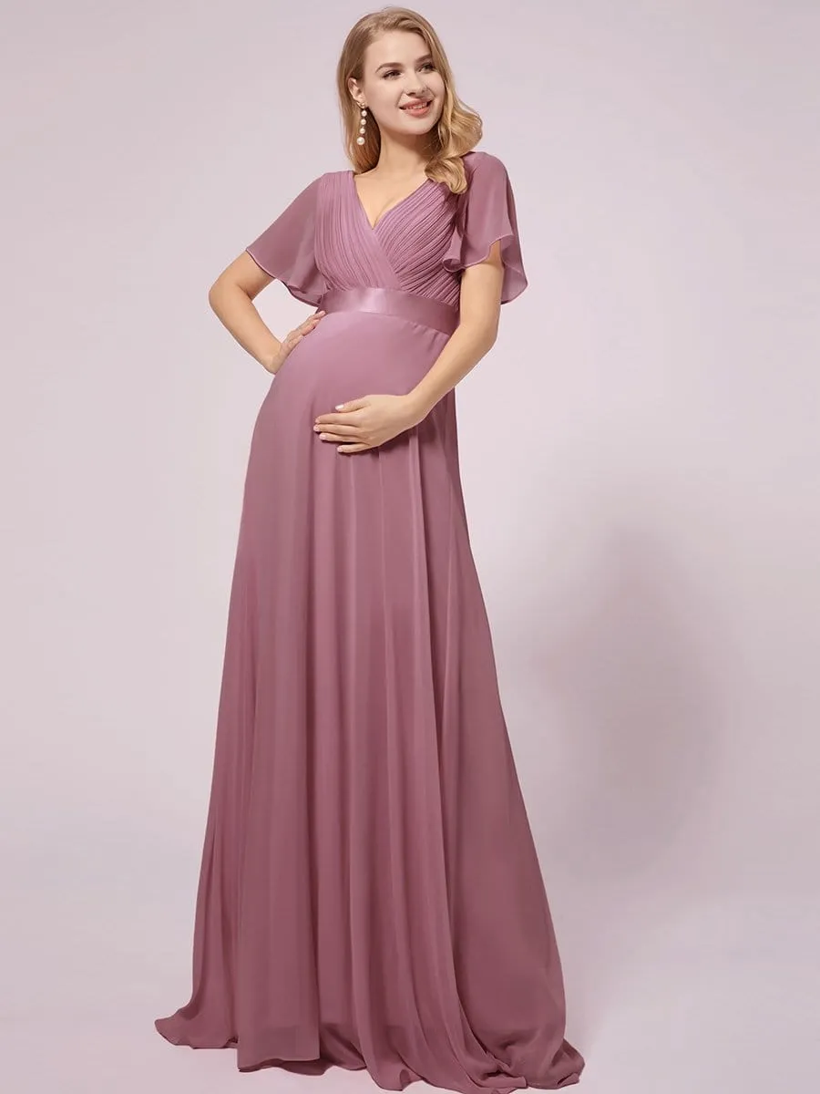 Empire Bodice Pleated Maxi Bump Friendly Dress with Sleeves