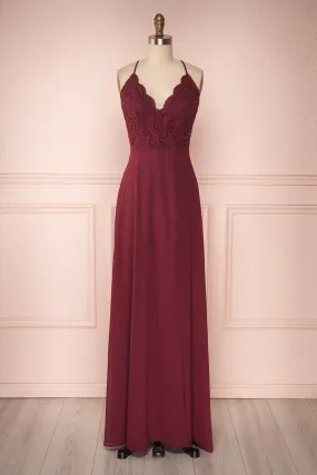 Fabia Burgundy | Lace & Chiffon Maxi Dress