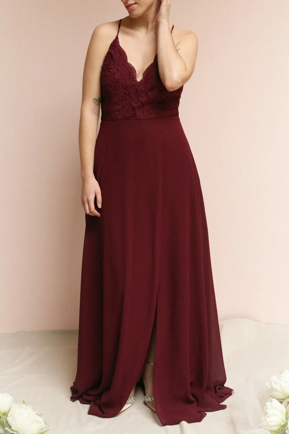 Fabia Burgundy | Lace & Chiffon Maxi Dress