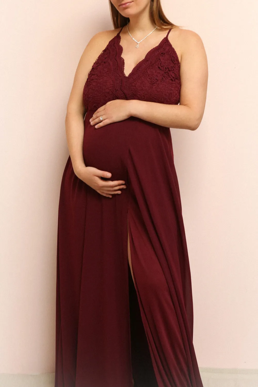 Fabia Burgundy | Lace & Chiffon Maxi Dress