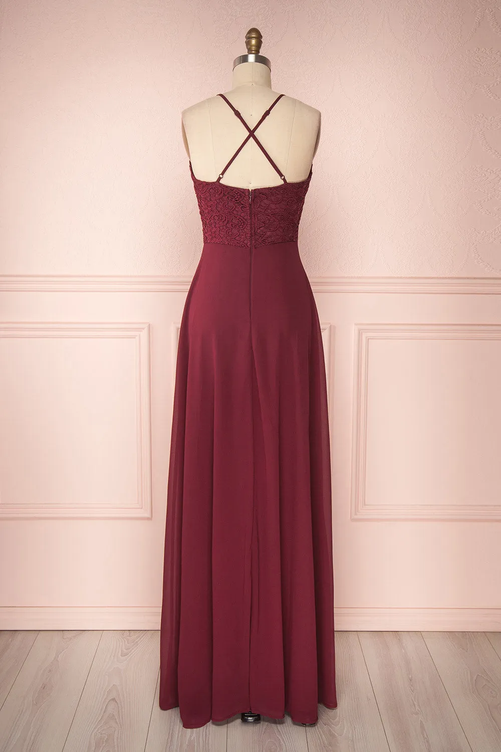 Fabia Burgundy | Lace & Chiffon Maxi Dress