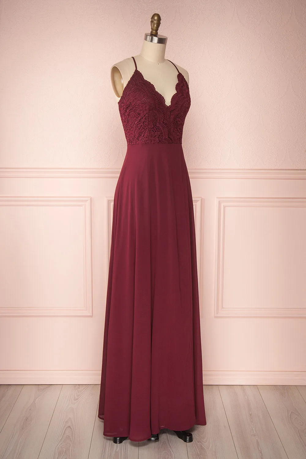 Fabia Burgundy | Lace & Chiffon Maxi Dress