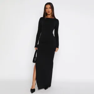 Fall Type Hip Dress Elegant Slim Basic Backless Slit Dress Women