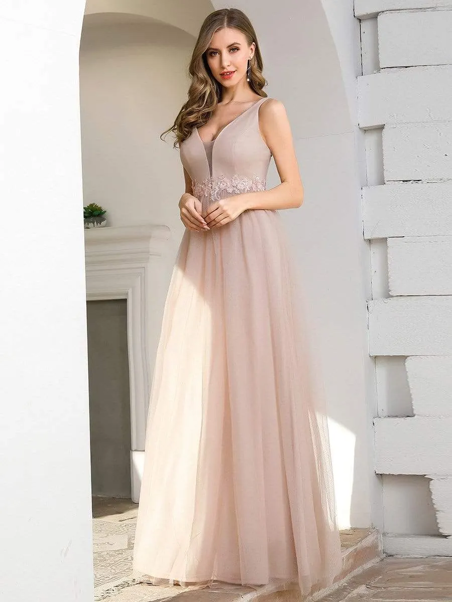 Fashion V Neckline Applique Tulle Maxi Bridesmaid Dress