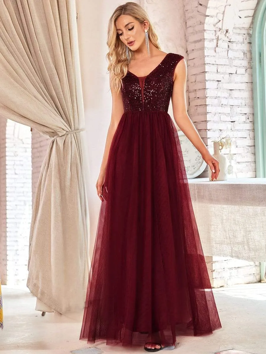 Floor Length Deep V Neck Sequin Prom Dresses for Women