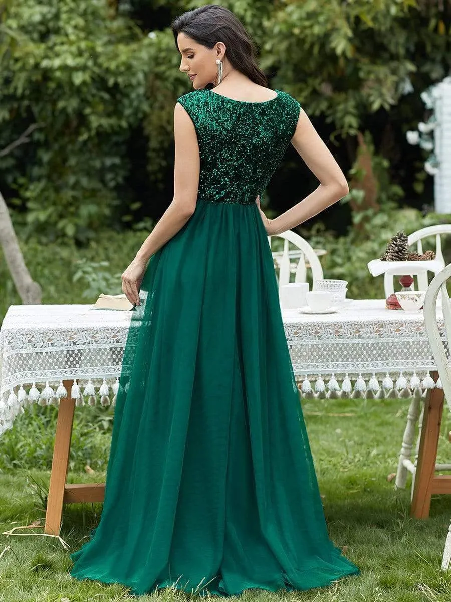 Floor Length Deep V Neck Sequin Prom Dresses for Women