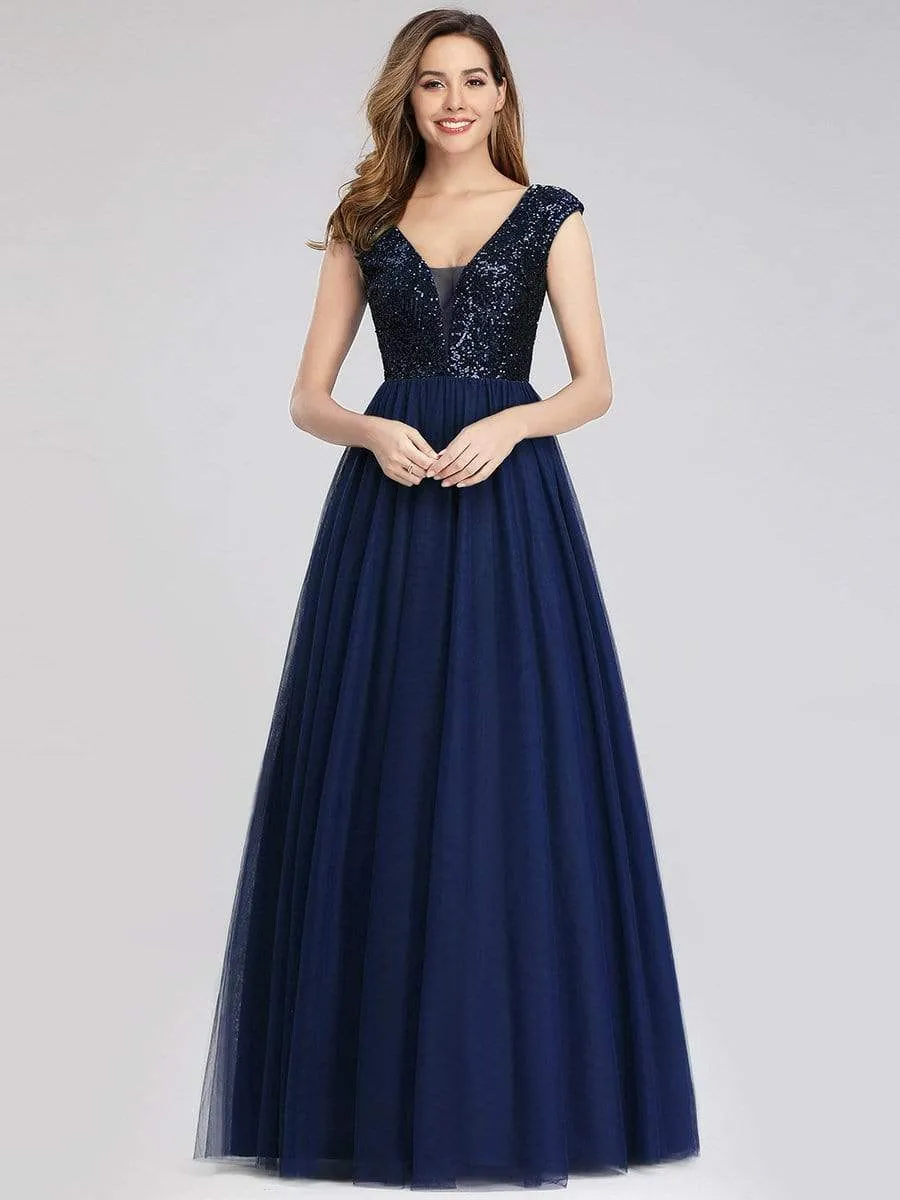 Floor Length Deep V Neck Sequin Prom Dresses for Women