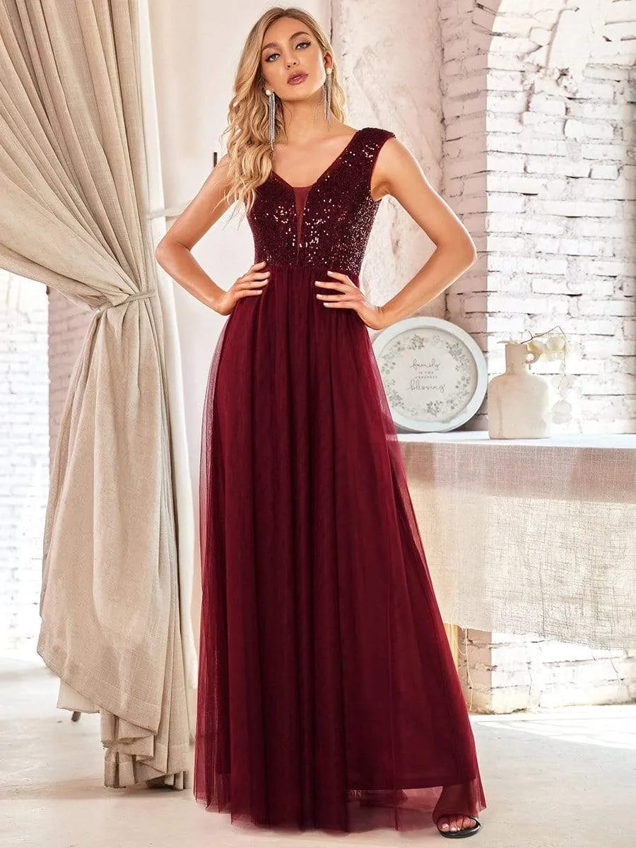 Floor Length Deep V Neck Sequin Prom Dresses for Women