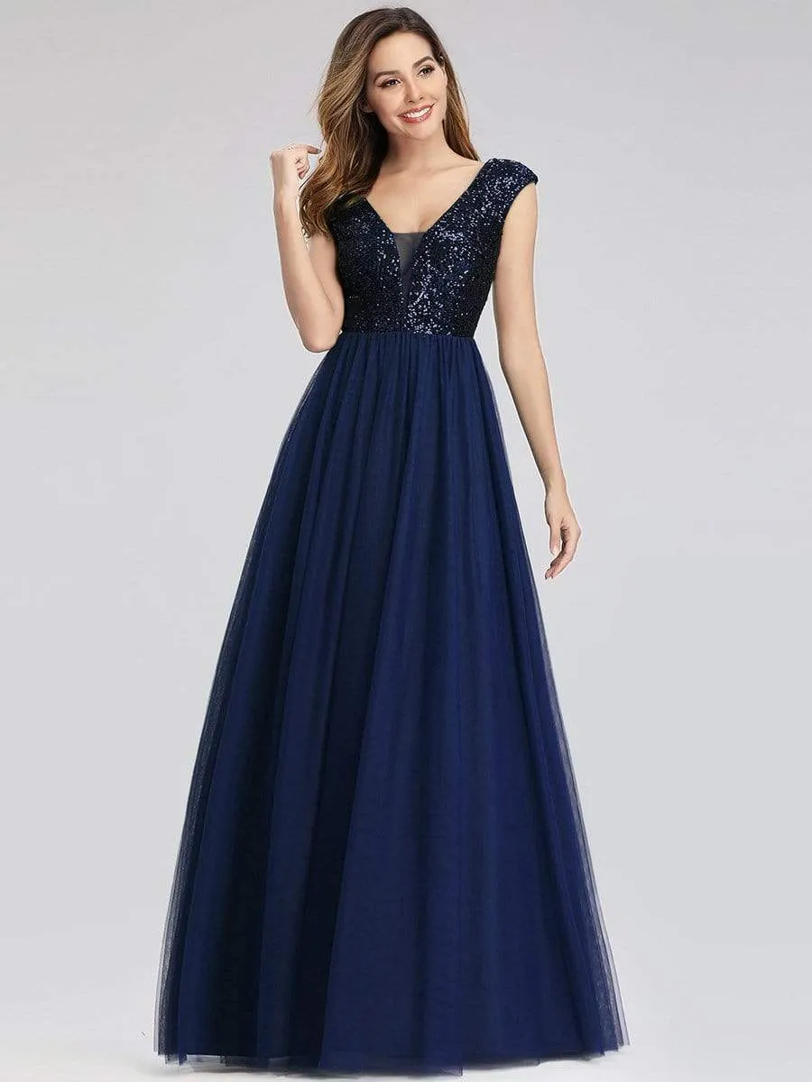 Floor Length Deep V Neck Sequin Prom Dresses for Women