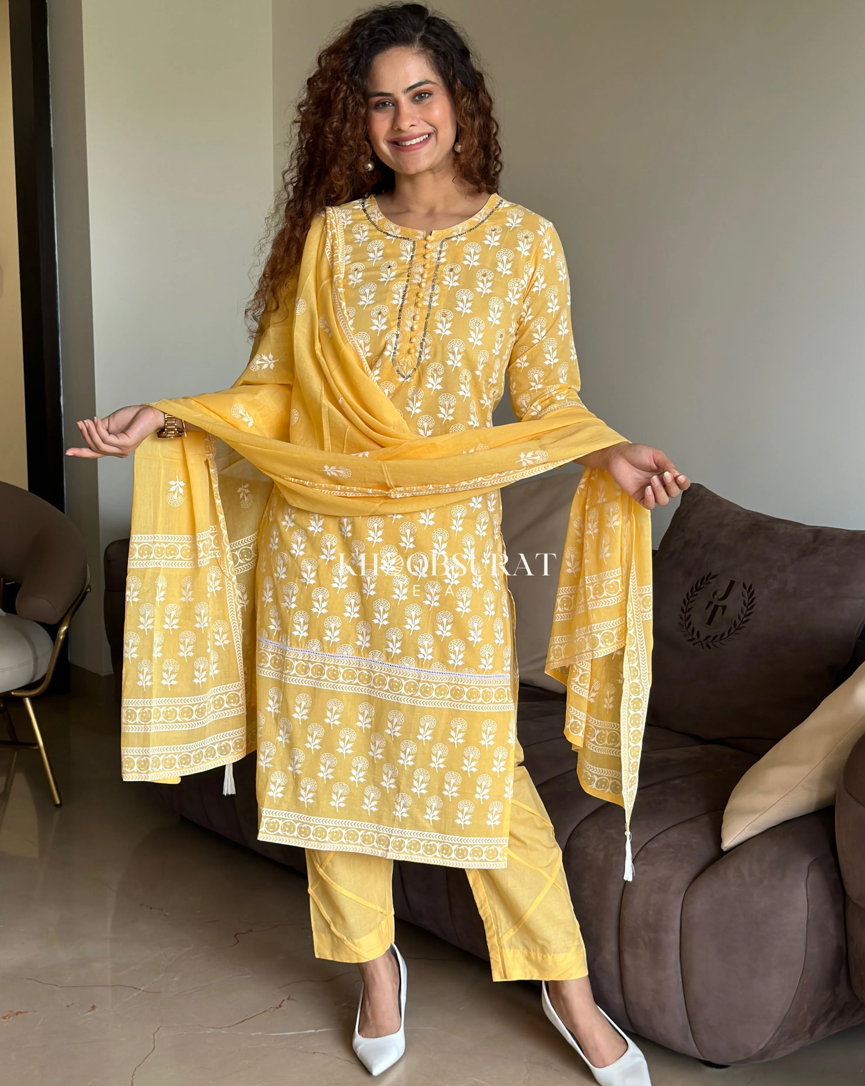 Floral Bouquet On Yellow Dupatta Suit Set